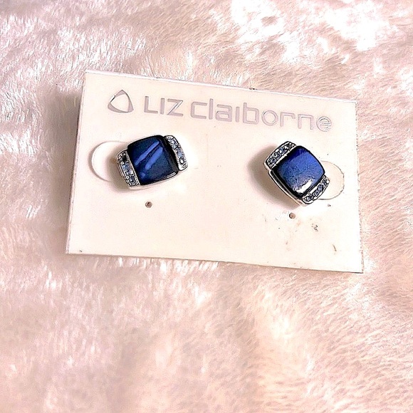 LIZ CLAIBORNE 💙 SILVER BLUE GEM STONE & BABY BLUE RHINESTONES PIERCED EARRINGS - Picture 3 of 7